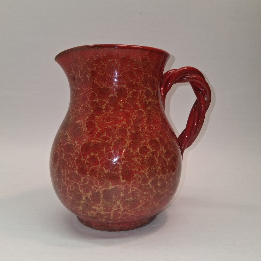 Red & Yellow Muttled Glazed Italian Pottery Pitcher‎  Braided Handle Italy 7"